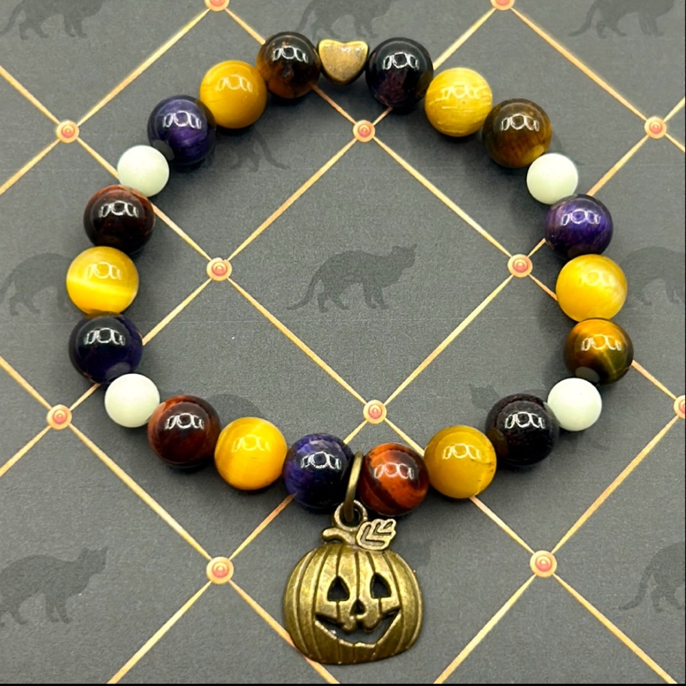 Handmade GLOW-IN-THE-DARK Halloween Pumpkin Bracelet with Natural Tiger Eye!